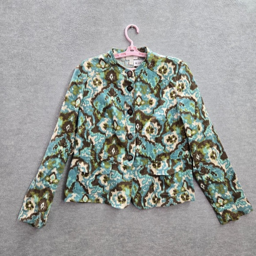 Charter‎ Club Women Jacket Large Blue 100% Linen Blazer Tie Dye Button Up Long